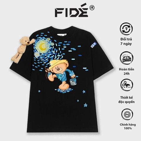 Áo thun FIDE TEEDY phông cotton unisex nam nữ form rộng cổ tròn ulzzang áo đính gấu - AT35(TẶNG KÈM GẤU)