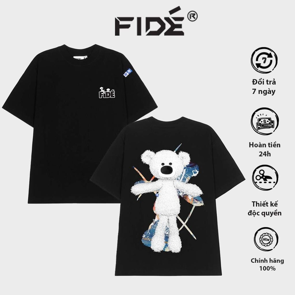 Áo thun FIDE TEEDY phông cotton unisex nam nữ form rộng cổ tròn áo đính gấu - AT71 (TẶNG KÈM GẤU)