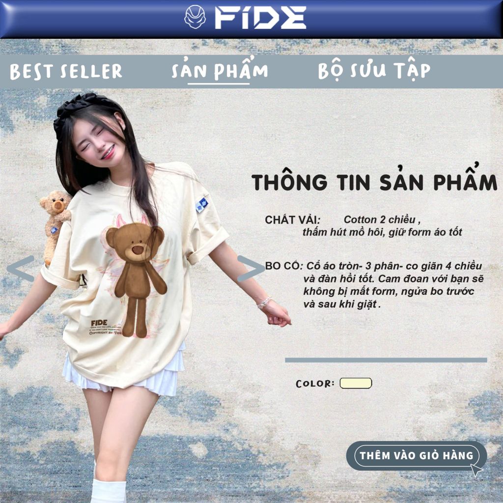 Áo thun FIDE TEEDY phông cotton unisex nam nữ form rộng cổ tròn áo đính gấu - AT119 (TẶNG GẤU)