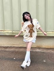 Áo thun FIDE TEEDY phông cotton unisex nam nữ form rộng cổ tròn áo đính gấu - AT119 (TẶNG GẤU)