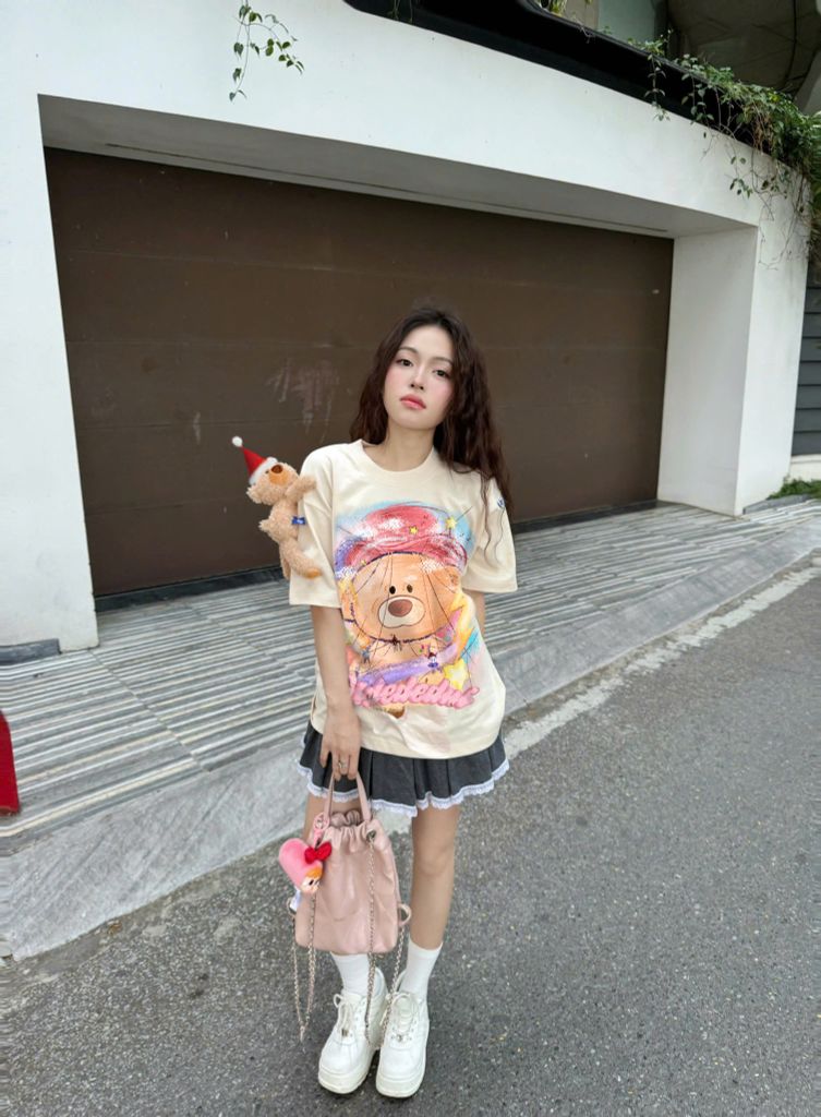 Áo thun JoyBear FIDE TEEDY phông cotton unisex nam nữ Form rộng cổ tròn áo đính gấu - AT123 (TẶNG KÈM GẤU)