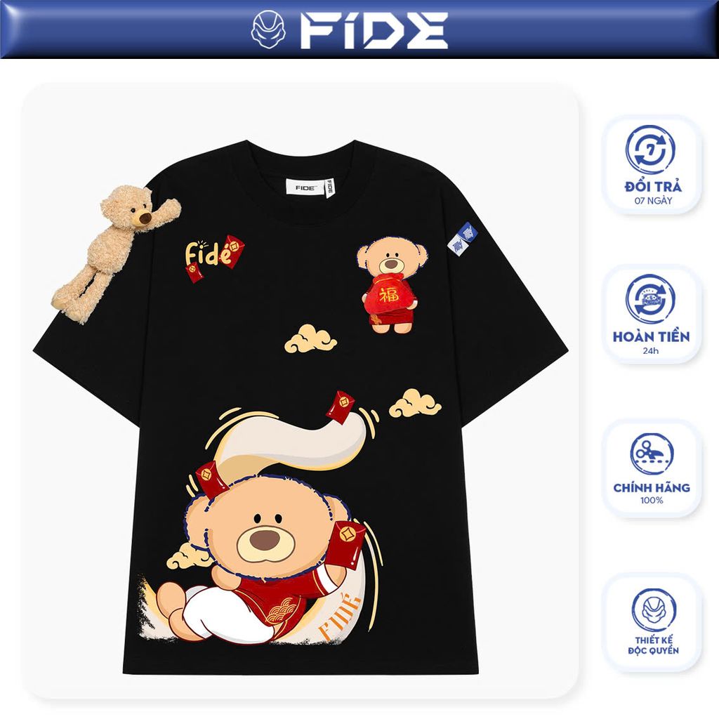 Áo thun JoyBear FIDE TEEDY phông cotton unisex nam nữ Form rộng cổ tròn đính gấu - AT135 (TẶNG GẤU)