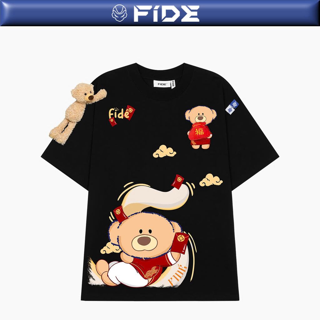 Áo thun JoyBear FIDE TEEDY phông cotton unisex nam nữ Form rộng cổ tròn đính gấu - AT135 (TẶNG GẤU)
