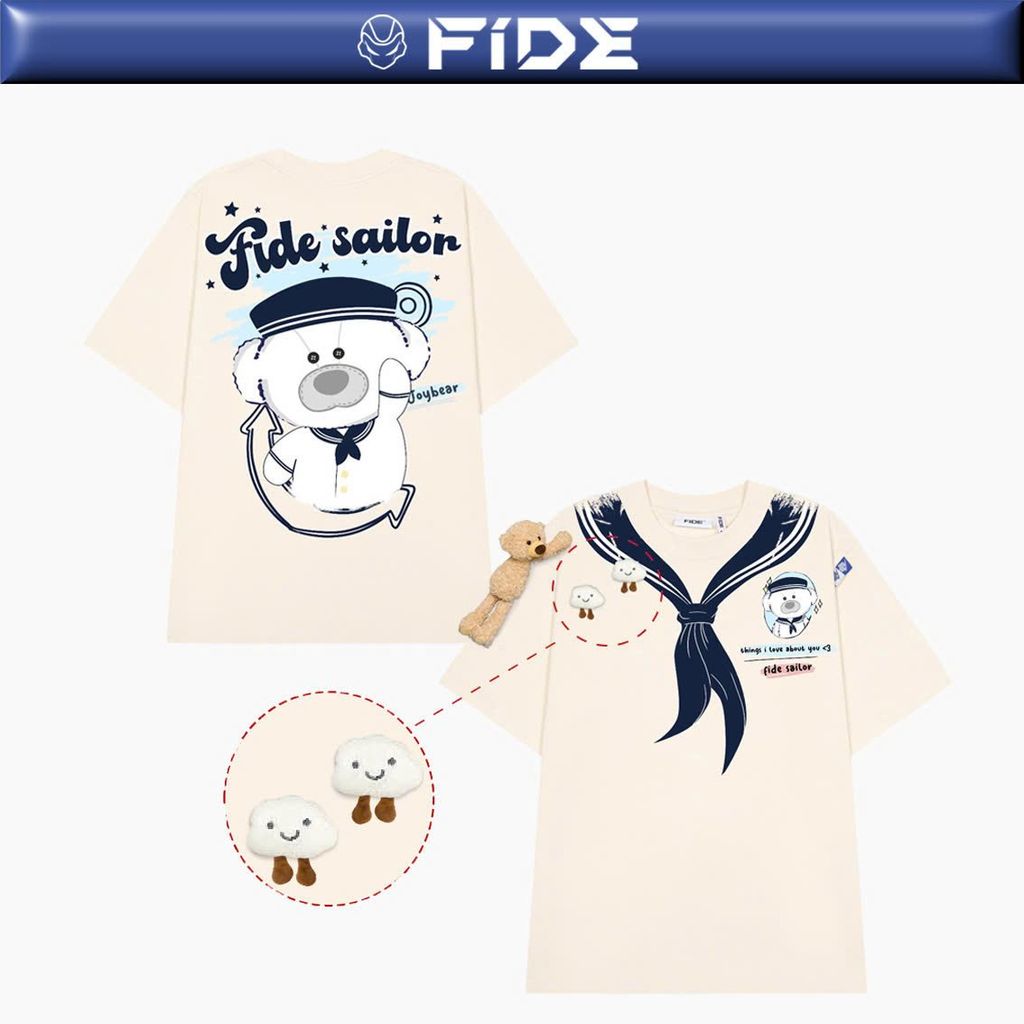 Áo thun FIDE JoyBear unisex form rộng đính gấu local brand cổ tròn oversize - AT152 (Tặng gấu)