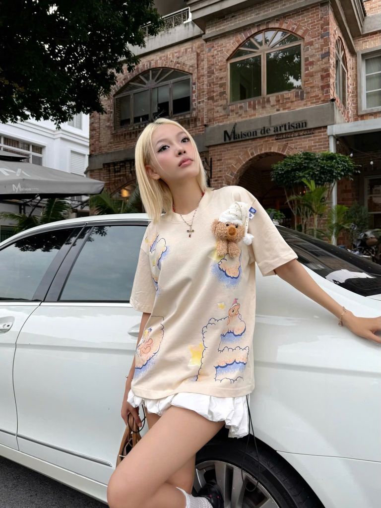 Áo thun FIDE JoyBear unisex form rộng đính gấu local brand cổ tròn oversize - AT153 (Tặng gấu)