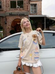 Áo thun FIDE JoyBear unisex form rộng đính gấu local brand cổ tròn oversize - AT153 (Tặng gấu)