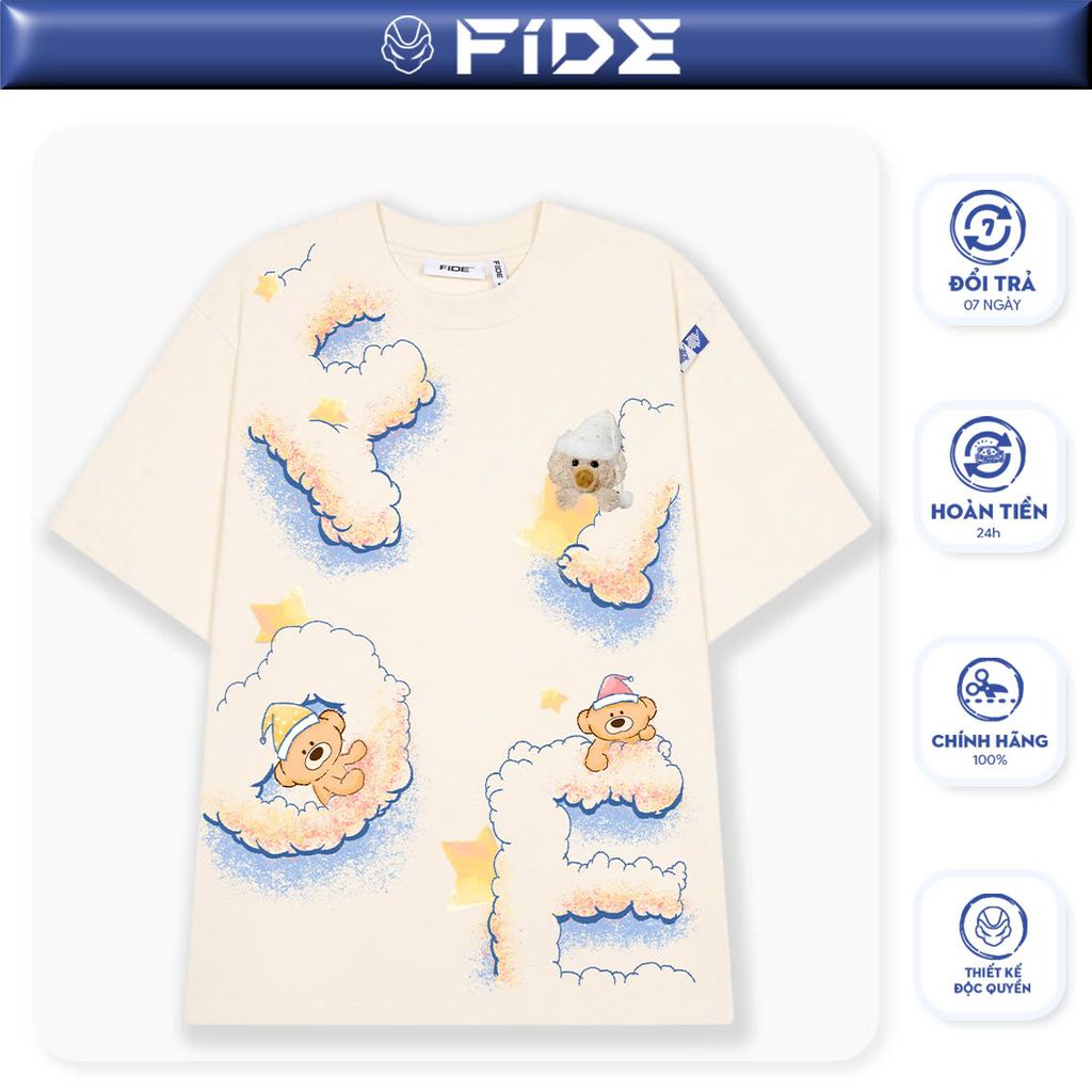 Áo thun FIDE JoyBear unisex form rộng đính gấu local brand cổ tròn oversize - AT153 (Tặng gấu)