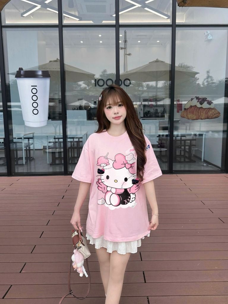 Áo thun FIDE Hello Kitty phông unisex form rộng local brand nam nữ cổ tròn oversize- AT164(Tặng Mèo)