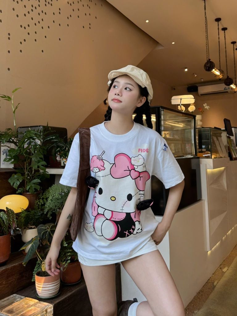 Áo thun FIDE Hello Kitty phông unisex form rộng local brand nam nữ cổ tròn oversize- AT164(Tặng Mèo)