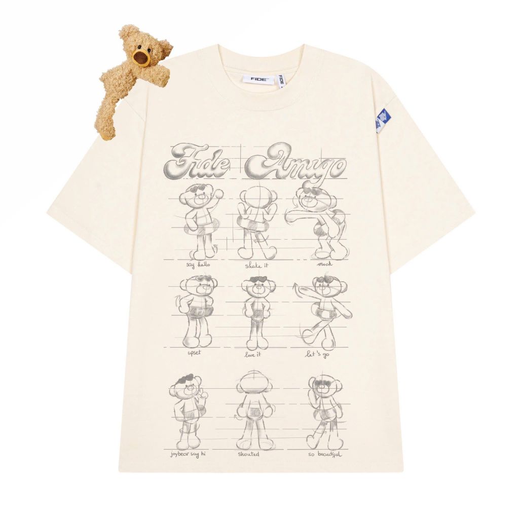 Áo thun FIDE JoyBear unisex form rộng đính gấu local brand cổ tròn oversize - AT177(Tặng gấu)