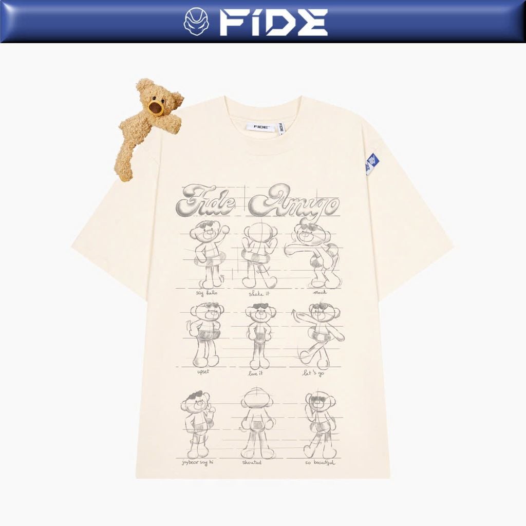 Áo thun FIDE JoyBear unisex form rộng đính gấu local brand cổ tròn oversize - AT177(Tặng gấu)