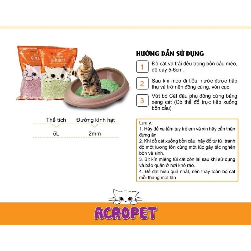  (5L) CÁT VỆ SINH MÈO SIÊU THẤM ACROPET (100% ĐẬU PHỤ TỰ NHIÊN) 