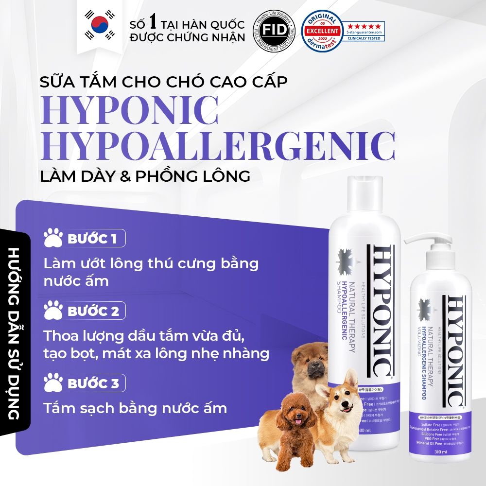  Sữa tắm cho chó cao cấp HYPONIC Hypoallergenic, làm dày & phồng lông 