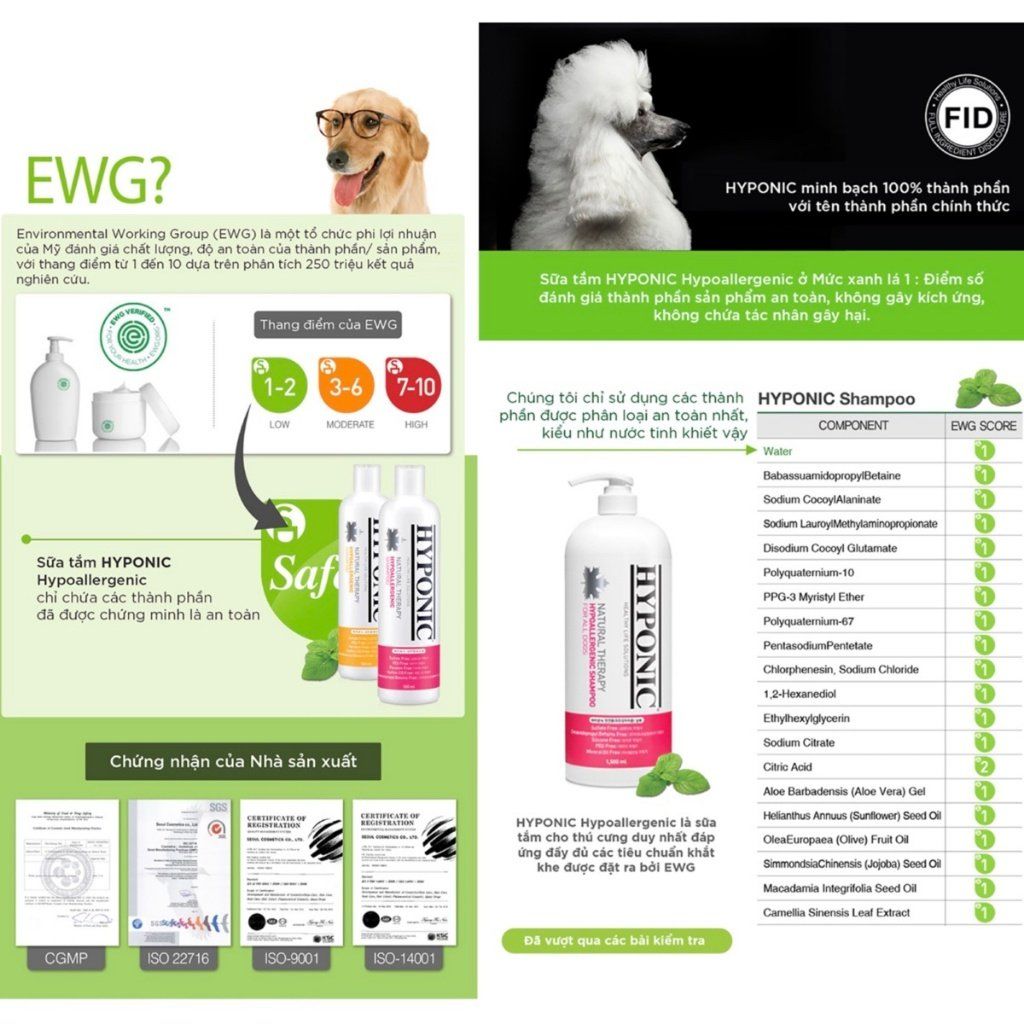  Sữa tắm cho chó cao cấp HYPONIC Hypoallergenic, làm dày & phồng lông 