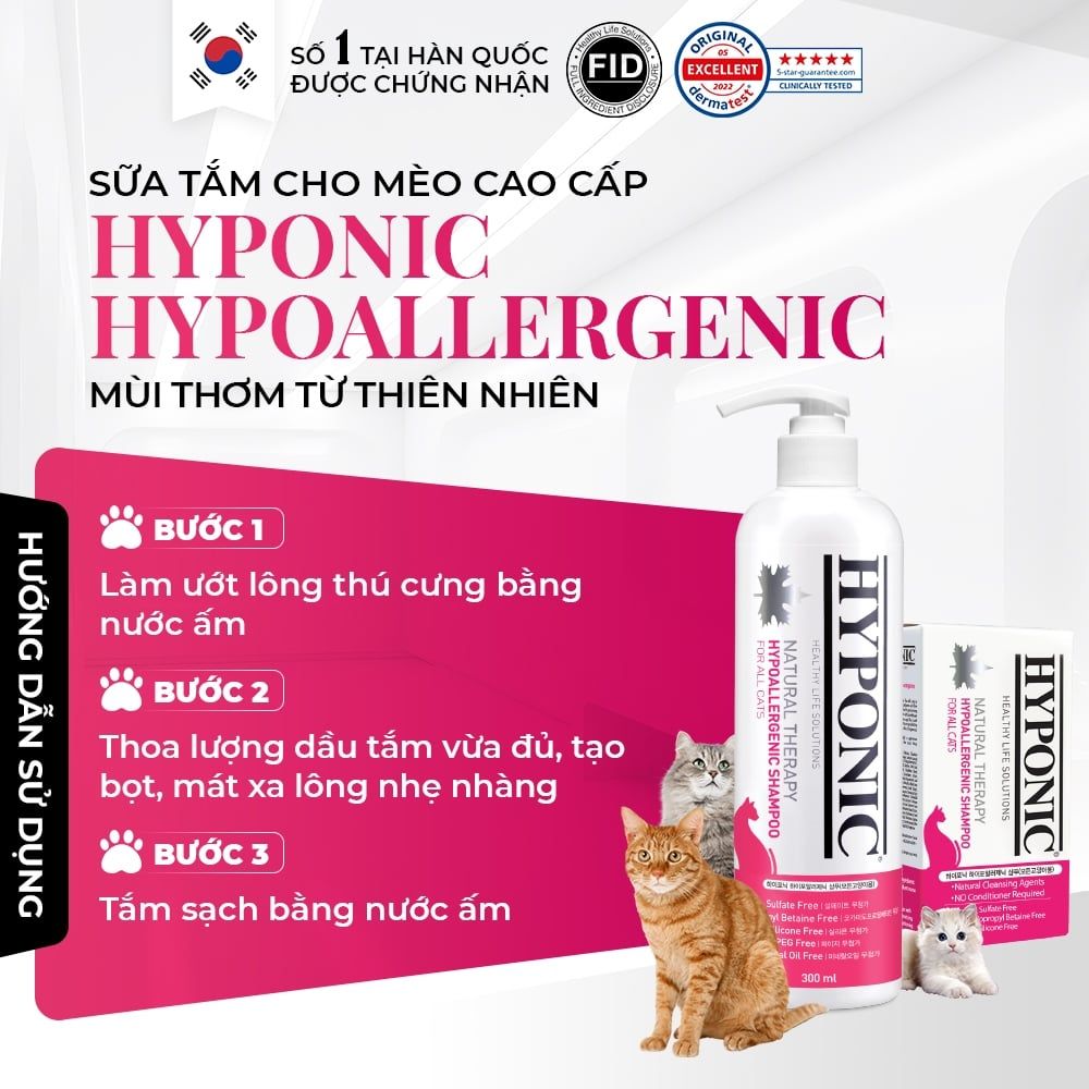  Sữa tắm cho mèo cao cấp HYPONIC Hypoallergenic, mùi thơm tinh tế từ thiên nhiên 