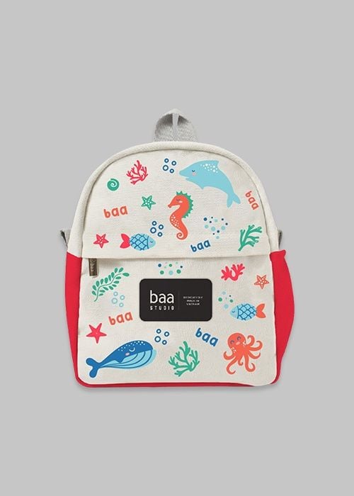 Balo Canvas Cho Bé Đỏ Hoạ Tiết Đại Dương