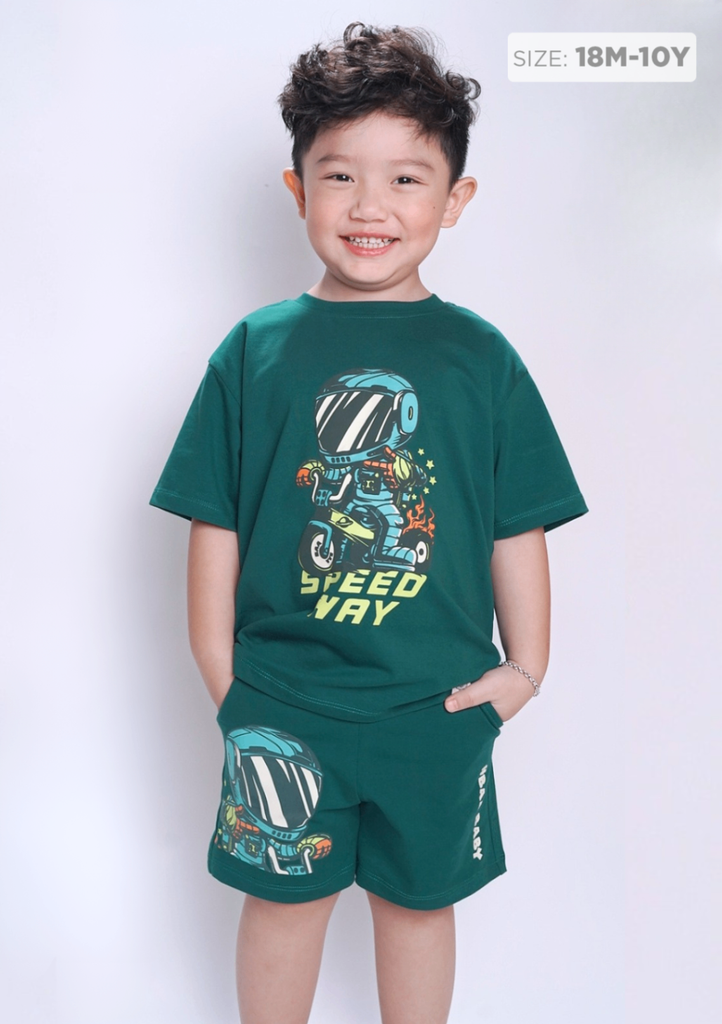 Set Thun Form Rộng Bé Trai 210gsm Xanh Lá Xe Đua