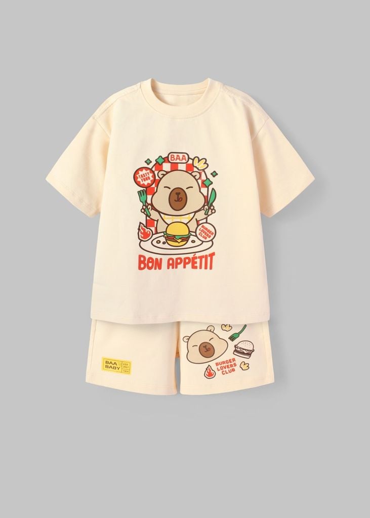 Set Thun Form Rộng Bé Gái 210gsm Kem Capybara & Hamburger