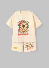 Set Thun Form Rộng Bé Gái 210gsm Kem Capybara & Hamburger