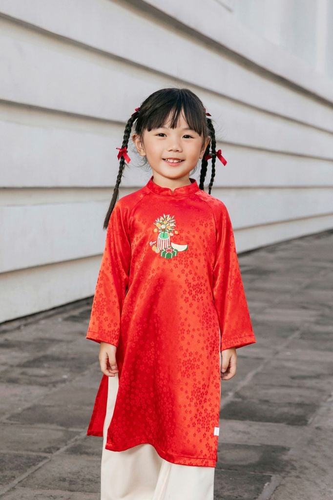 Hoa Quả - Set Áo Dài Thêu Cao Cấp Bé Gái Đỏ