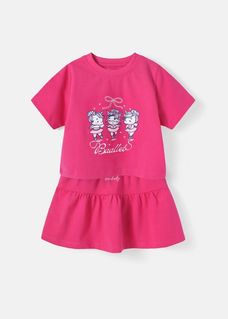 Set Áo Thun Lửng & Chân Váy Bé Gái 210gsm Hồng Unicorn Ballet