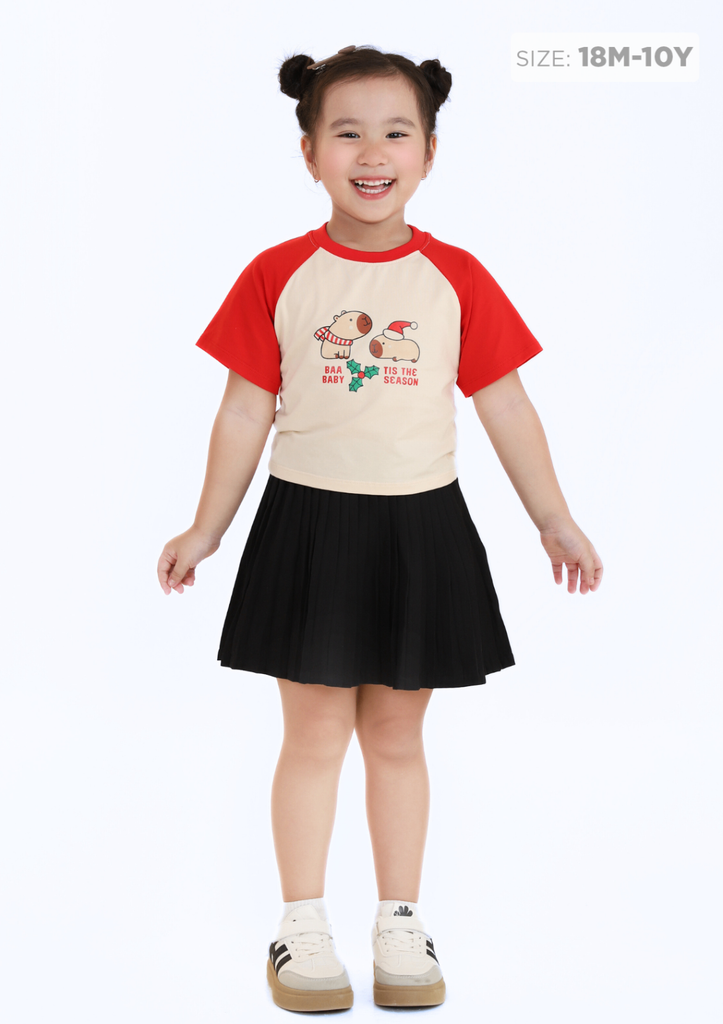 Áo Thun Ngắn Tay Raglan Bé Gái Kem Phối Đỏ Capybara Noel