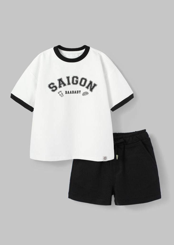 Set Thun Form Rộng Bé Trai Trắng Phối Đen Saigon