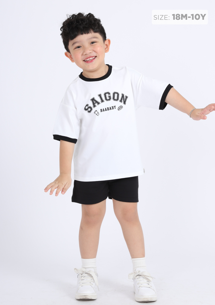 Set Thun Form Rộng Bé Trai Trắng Phối Đen Saigon