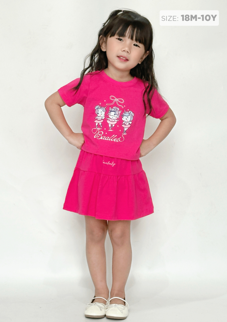 Set Áo Thun Lửng & Chân Váy Bé Gái 210gsm Hồng Unicorn Ballet