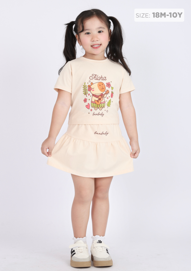 Set Áo Thun Lửng & Chân Váy Bé Gái 210gsm Kem Capybara