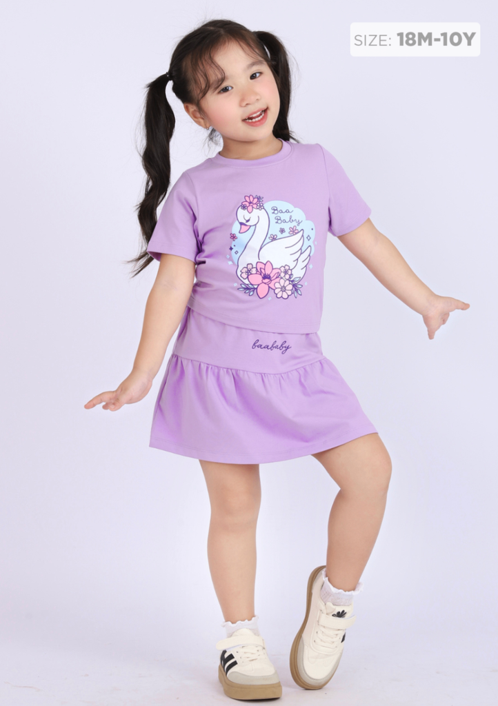 Set Áo Thun Lửng & Chân Váy Bé Gái 210gsm Tím Nhạt Thiên Nga