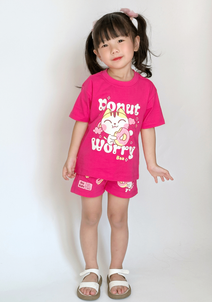 Set Thun Form Rộng Bé Gái 210gsm Hồng Mèo Donut
