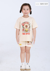 Set Thun Form Rộng Bé Gái 210gsm Kem Capybara & Hamburger