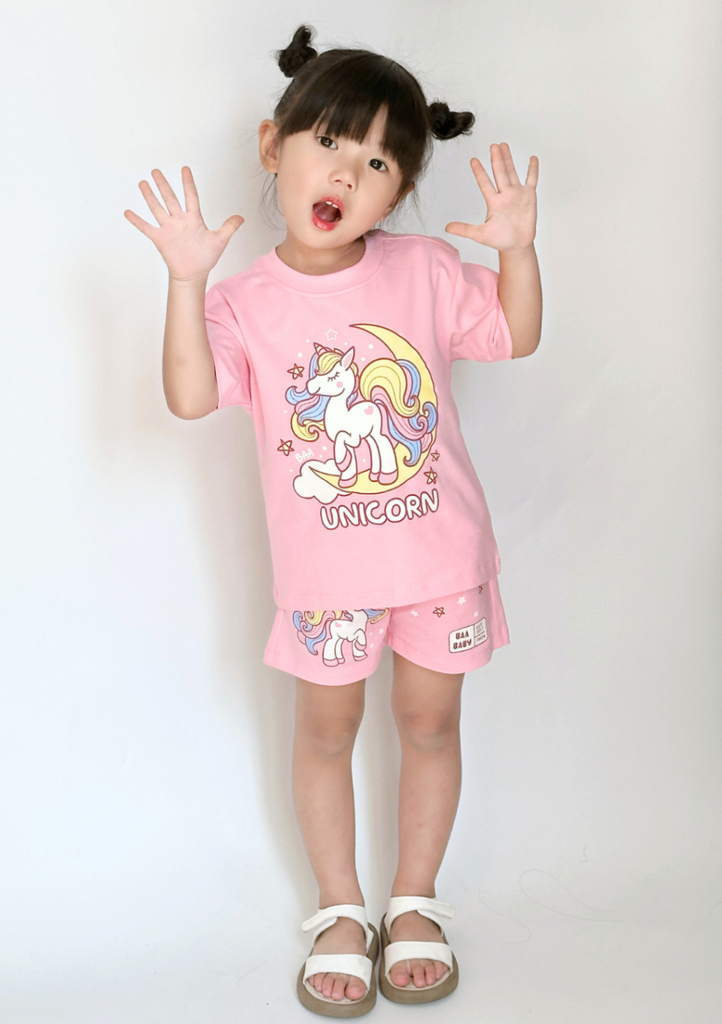 Set Thun Form Rộng Bé Gái 210gsm Hồng Nhạt Unicorn