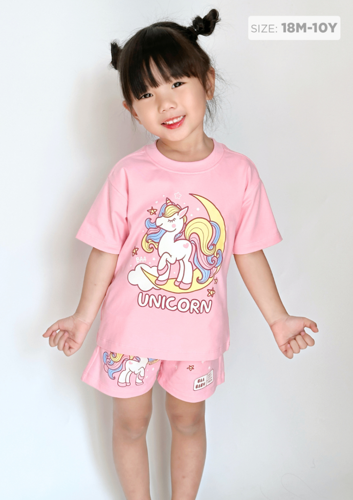 Set Thun Form Rộng Bé Gái 210gsm Hồng Nhạt Unicorn