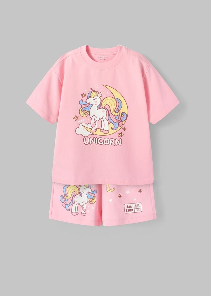 Set Thun Form Rộng Bé Gái 210gsm Hồng Nhạt Unicorn