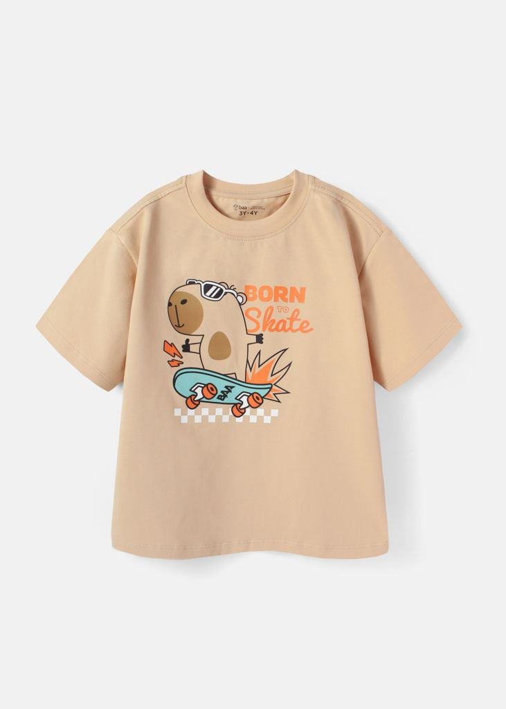 Áo Thun Form Rộng Bé Trai 210gsm Be Capybara Trượt Ván