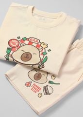 Set Thun Form Rộng Bé Gái 210gsm Kem Capybara & Hamburger