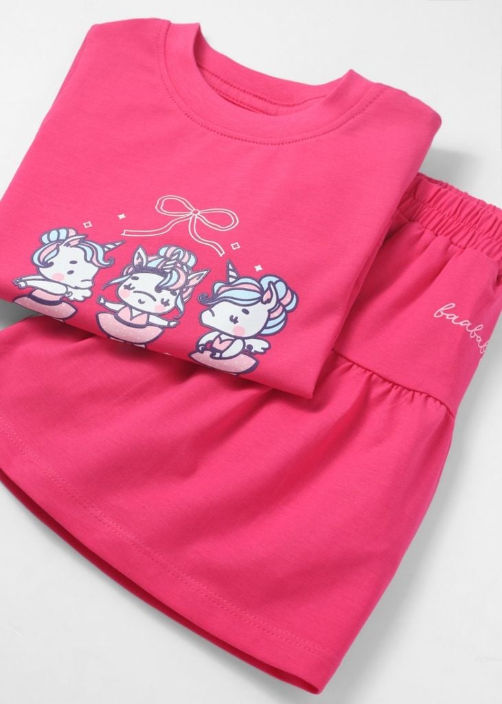 Set Áo Thun Lửng & Chân Váy Bé Gái 210gsm Hồng Unicorn Ballet