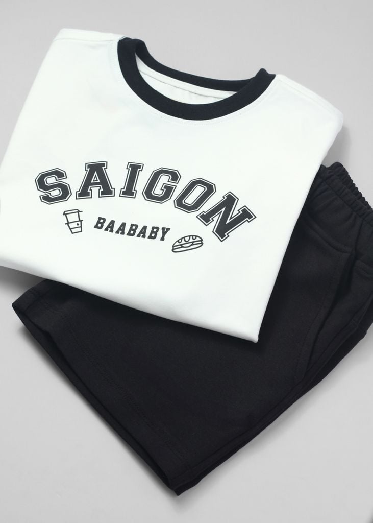 Set Thun Form Rộng Bé Trai Trắng Phối Đen Saigon