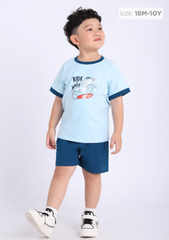 Đồ Bộ Ngắn Tay Bé Trai Xanh Nhạt Cá Mập Surfing