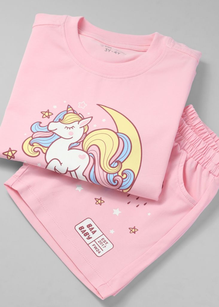 Set Thun Form Rộng Bé Gái 210gsm Hồng Nhạt Unicorn