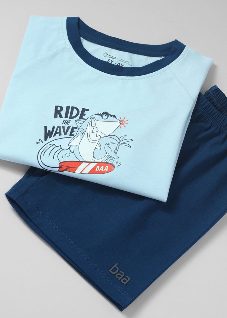 Đồ Bộ Ngắn Tay Bé Trai Xanh Nhạt Cá Mập Surfing