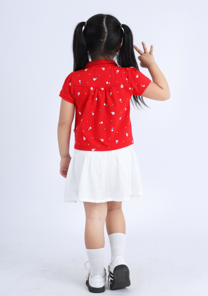 Áo Polo Ngắn Tay Bé Gái Đỏ Họa Tiết Hoa Nhỏ