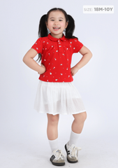 Áo Polo Ngắn Tay Bé Gái Đỏ Họa Tiết Hoa Nhỏ
