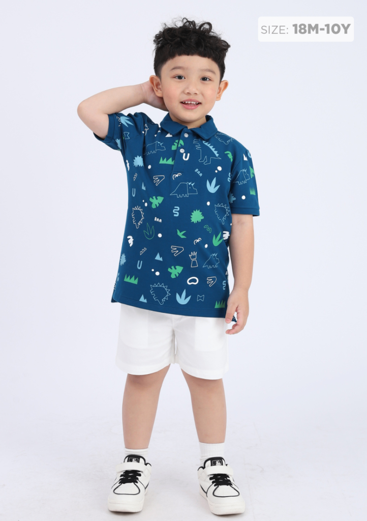 Áo Polo Bé Trai Xanh Hoạ Tiết Khủng Long