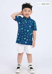 Áo Polo Bé Trai Xanh Hoạ Tiết Khủng Long