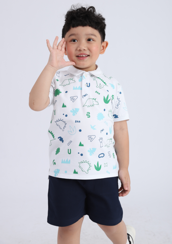 Áo Polo Bé Trai Trắng Hoạ Tiết Khủng Long 02