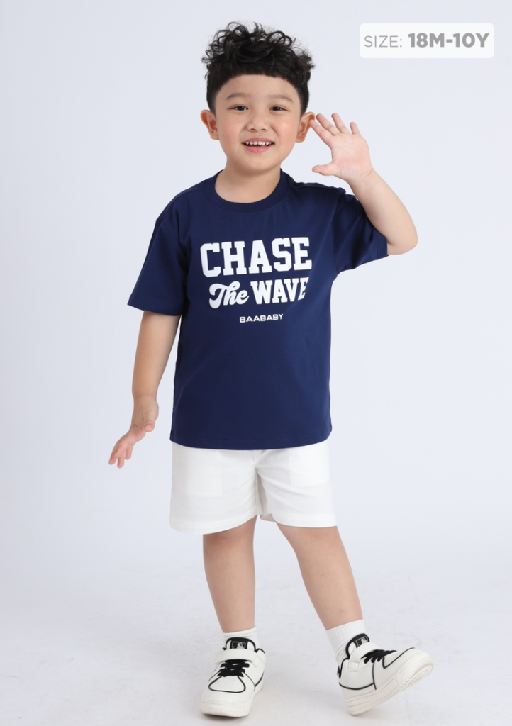 Áo Thun Form Rộng Bé Trai 195gsm Navy Chase The Wave