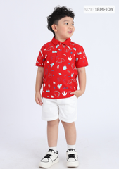 Áo Polo Bé Trai Đỏ Hoạ Tiết Khủng Long 02